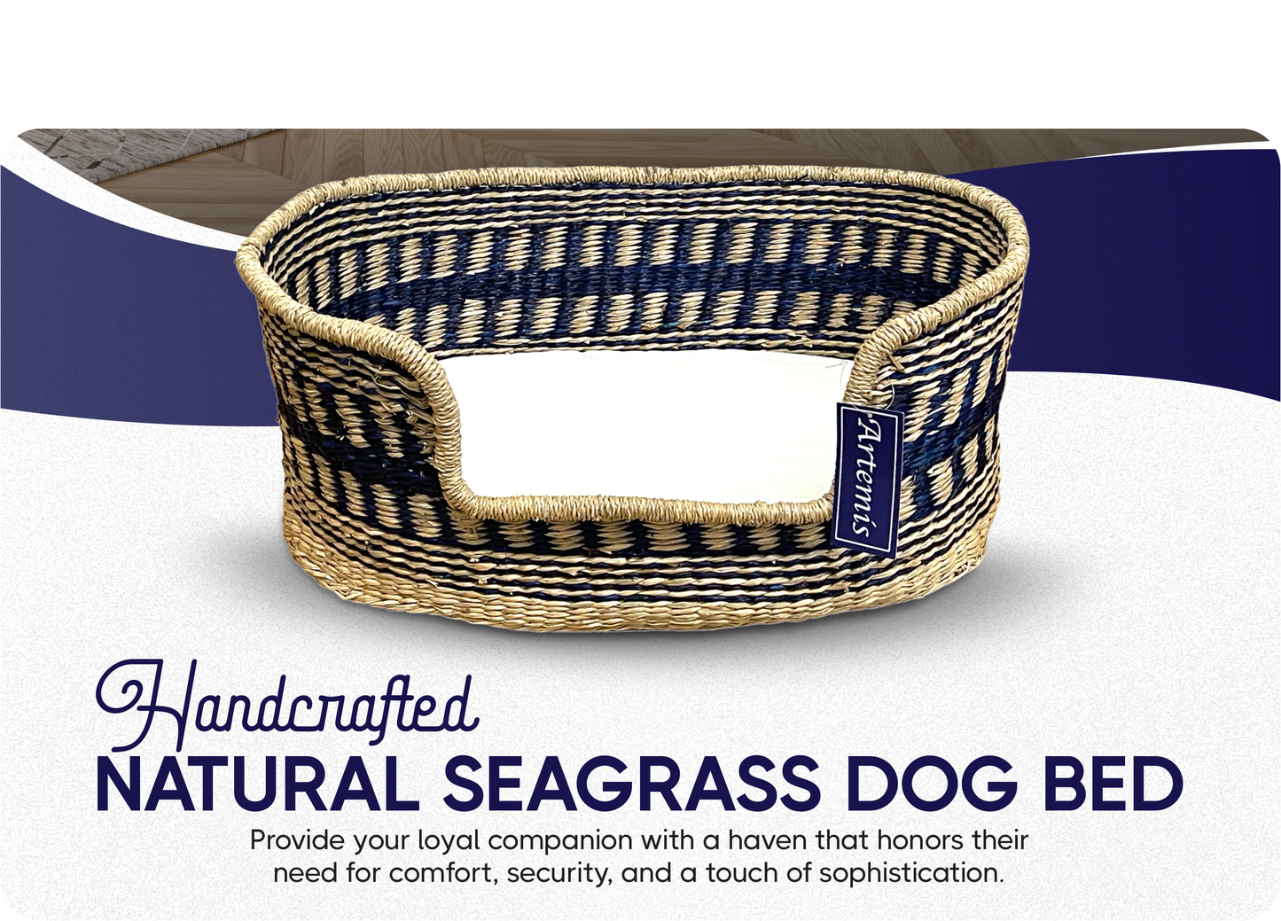 Artemis Handcrafted Natural Seagrass Dog Bed - Blue